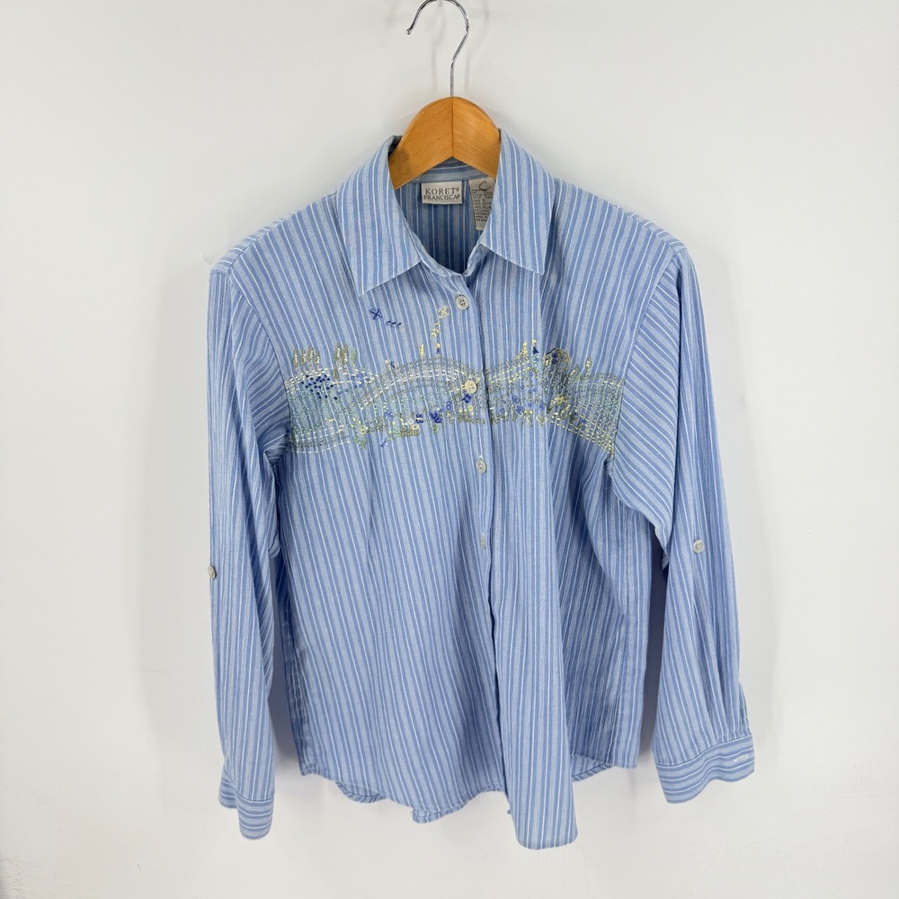 Vintage‎ Koret Embroidered Scenic Shirt Size S Striped Whimsical Coastal Novelty